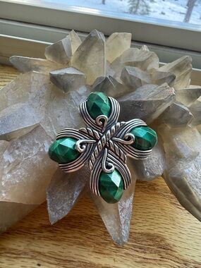 Green Malachite Gemstone Cross Brooch with Silver Wire Detail